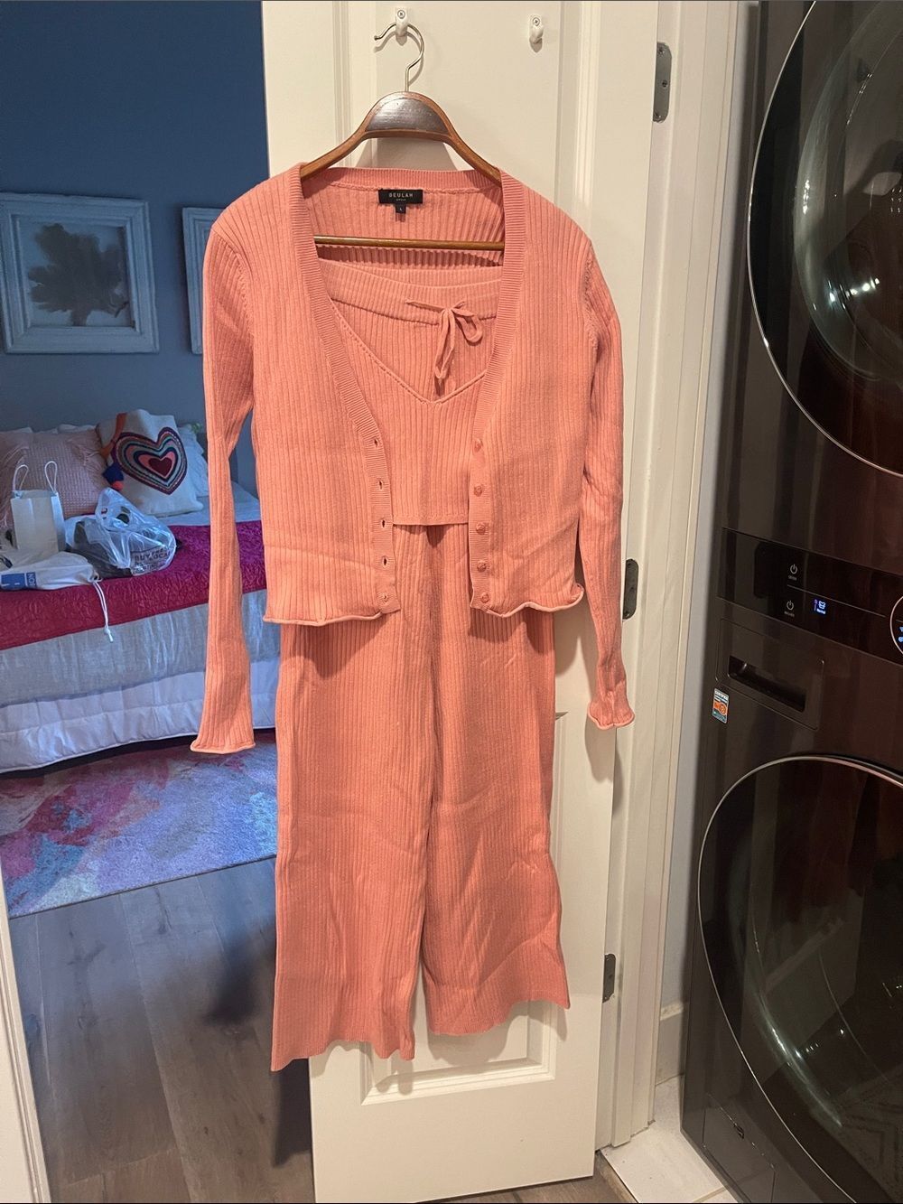 Beulah Coral Ribbed Knit Set with Cropped Cardigan and cropped tank.